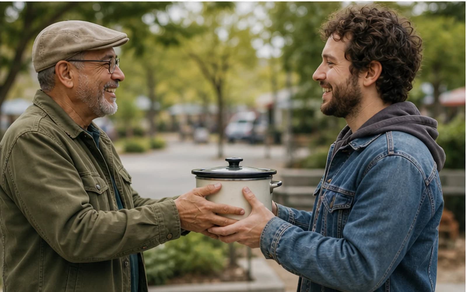 Two community members completing a friendly local exchange in a public setting
