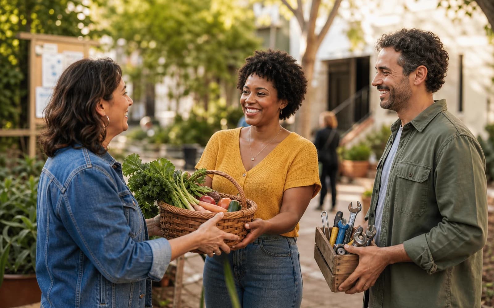 Neighbors exchanging vegetables and useful items in a friendly local community setting