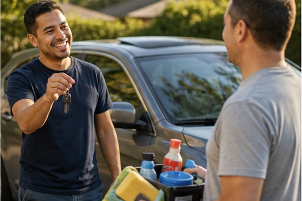 Neighbors exchanging car keys and automobile detailing supplies