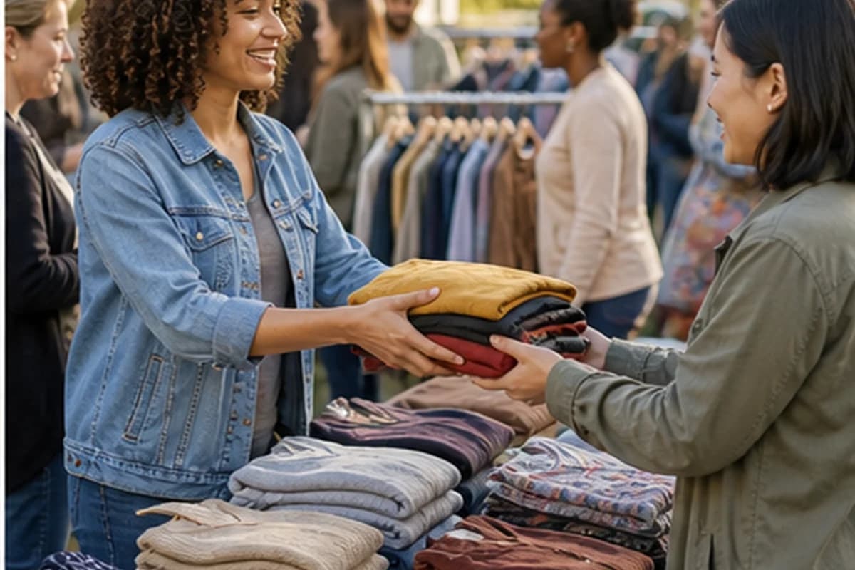 People exchanging folded clothes at a community swap table