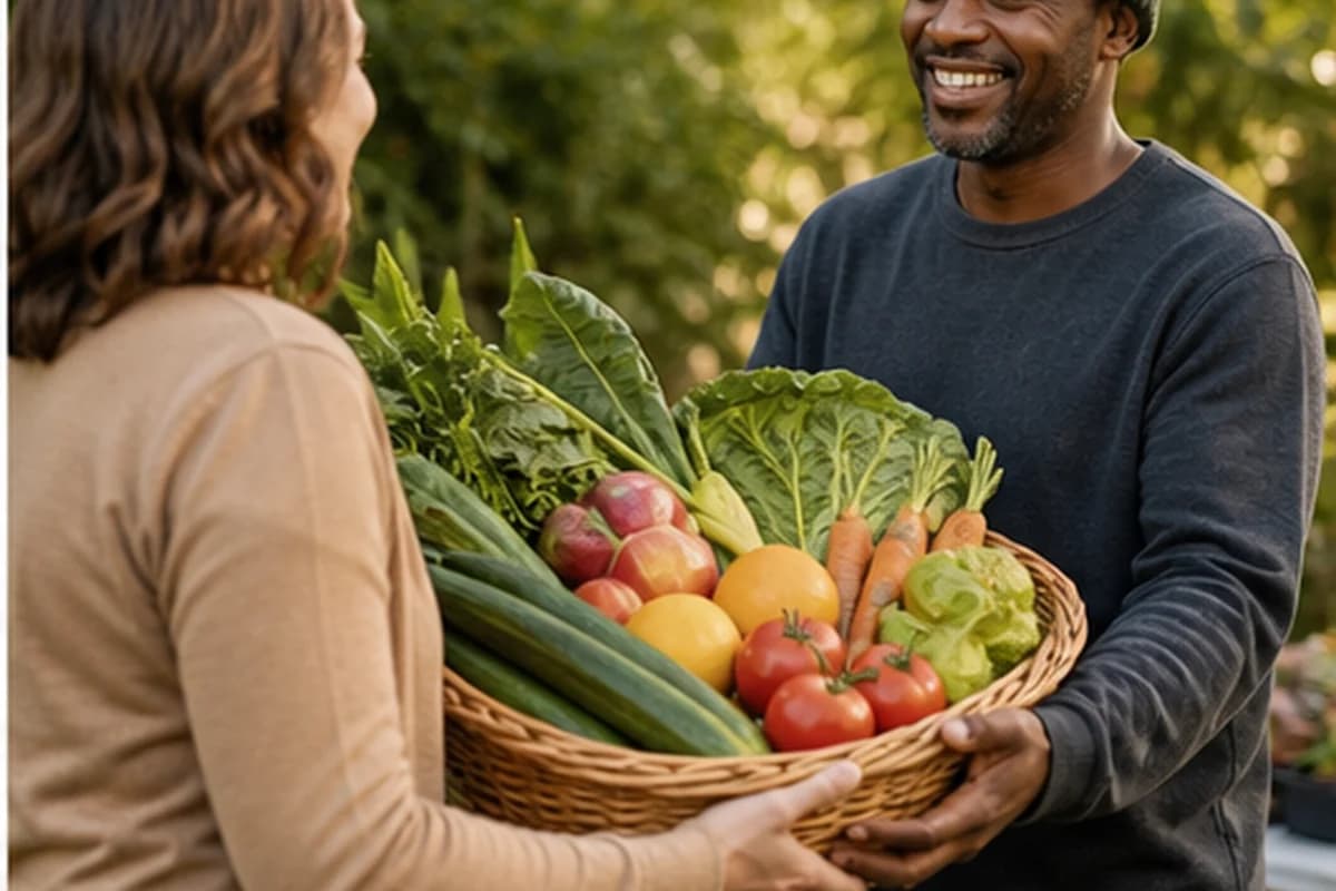 Organic food basket being exchanged between neighbors