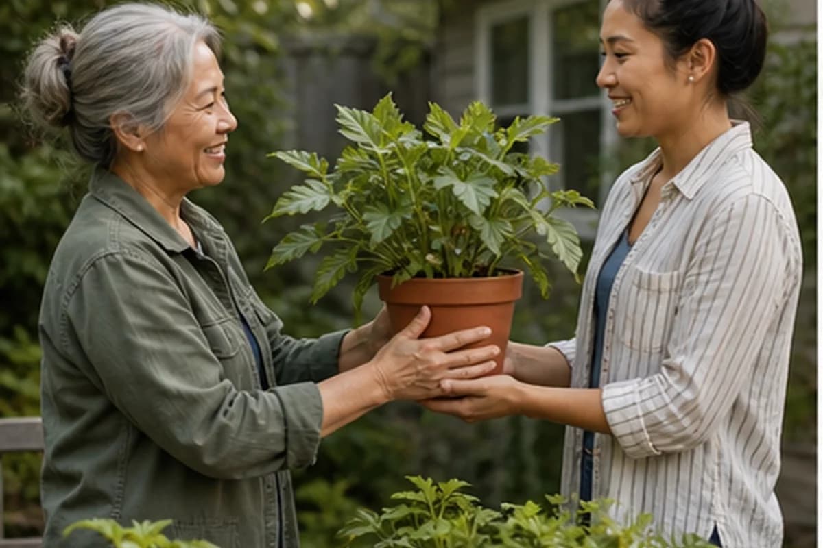 Neighbors exchanging potted plants and seedlings