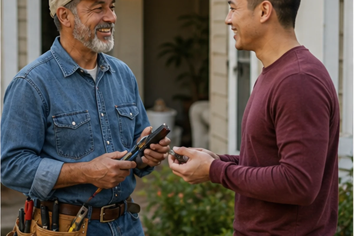 Neighbors discussing a repair service exchange with tools